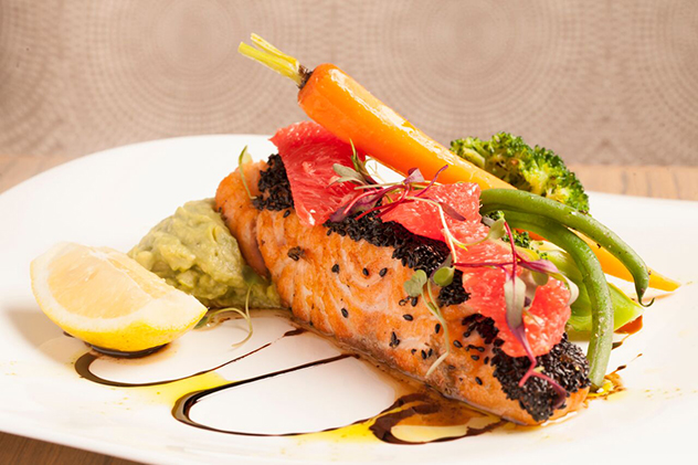 One of the salmon dishes at Cafe del Sol Botanico