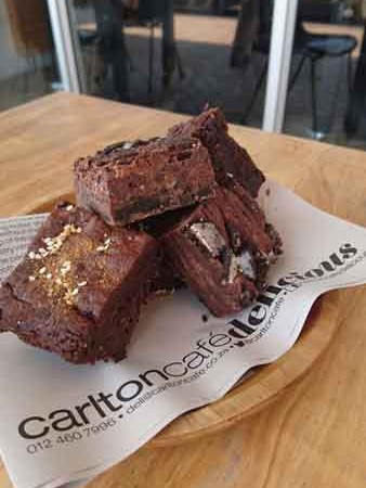 Chocolate brownies prepared and served at Carlton Cafe