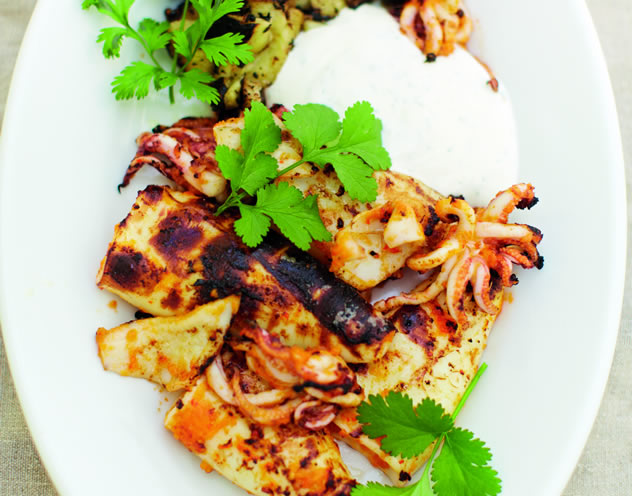 Barbecued chilli squid and aubergine with ginger and coriander yoghurt