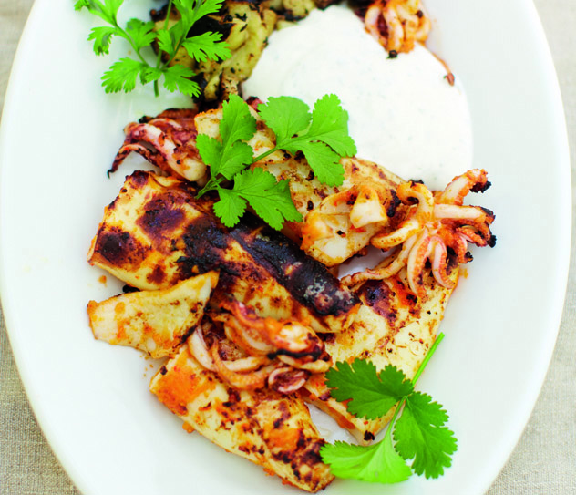 Barbecued chilli squid and aubergine with ginger and coriander yoghurt 