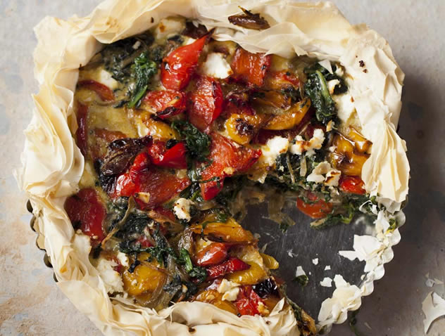 Spinach, sweet pepper and feta phyllo tart