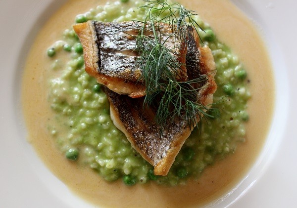 Karoux fresh fish with pea risotto & lemon beurre blanc. Photo courtesy of restaurant.