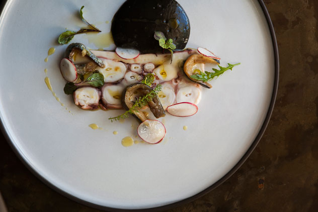 Octopus with citrus and black garlic aioli, with pangrattato and fresh herbs.