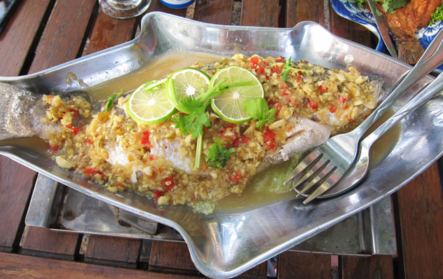 Steamed seabass swimming in lime juice, chilli and a vast quantity of garlic.