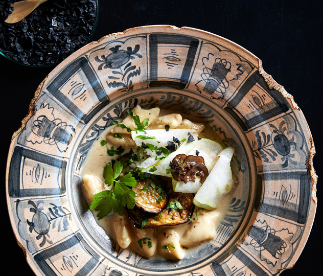 Handmade gnocchi on roasted aubergine and pear puree with black truffle cream - one of Hemelhuijs's past dishes. Photo supplied.