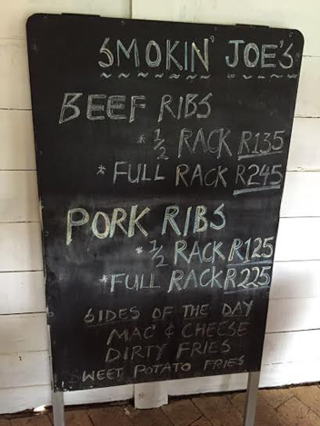 The chalkboard at Smokin Joe's Rib Shack