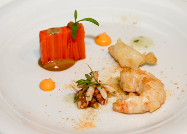 Starter_Cape-Crayfish-Malay-poached-crayfish,-pressed-carrot-terrine,-carrot-mayonnaise-and-Malay-curry-sauce