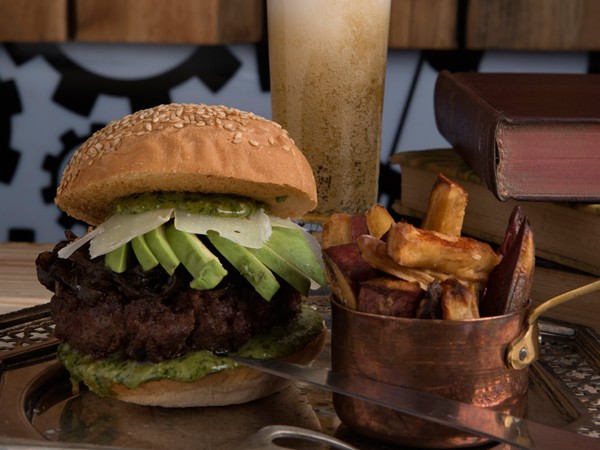 A boozy burger at TRE Steampunk Bar & Restaurant. Photo supplied.