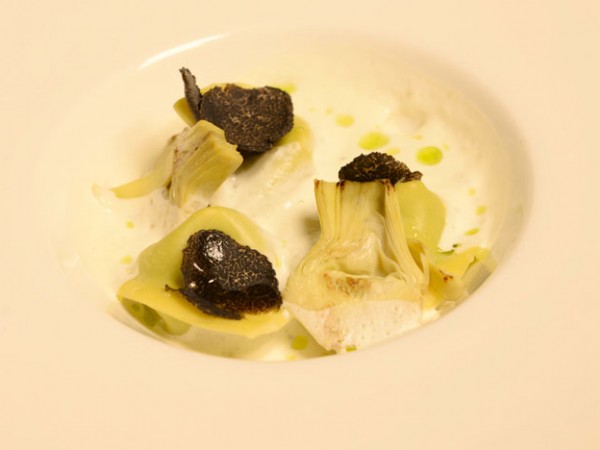Annemarie's starter of spinach and artichoke tortellini, goats cheese spuma and truffle. Photo supplied.