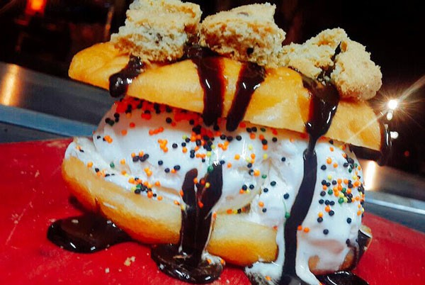 The doughnut ice cream sandwich that is still unnamed but looks set to feature a choc chip cookie topping and chocolate sauce. Photo courtesy of the restaurant. 