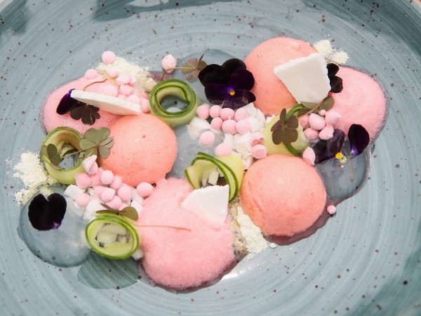 Spring strawberries with coconut water, elderflower cucumber and sorrel foam at Hartford House. Photo supplied.
