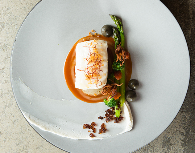 Terroir_Poached Kingklip miso lime sauce green asparagus, fried ginger soy pearls and yoghurt