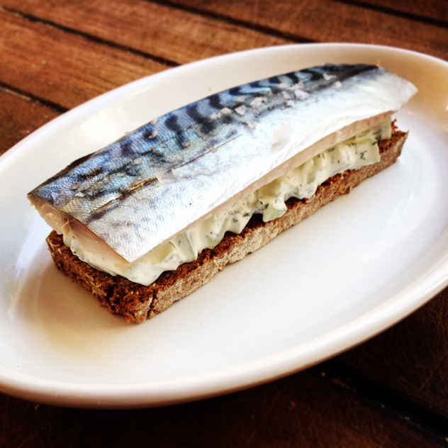 A mackerel open sandwich likely to be found on the Farro menu if you're lucky