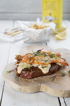 A surf and turf combo, steak and prawn, at Butcher Block