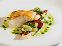 Baked line fish with spiced chorizo