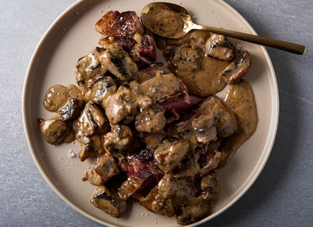 Recipe: Abigail Donnelly’s thick-cut rib-eye with mushroom and green peppercorn sauce